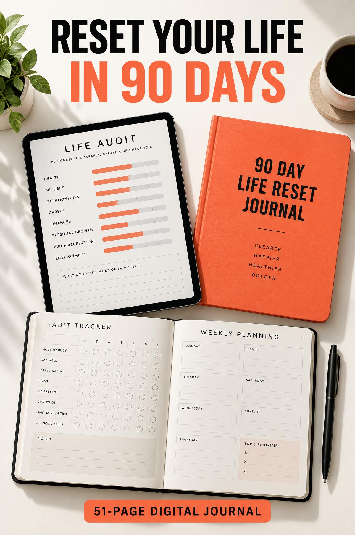 Vertical Pinterest pin for the 90 Day Life Reset Journal